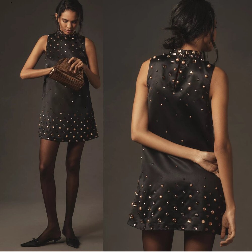 Anthropologie Tanvi Kedia Sleeveless Shine Mini Dress XS new with tag black - Picture 2 of 6
